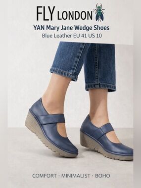 Fly London YAN Mary Jane Wedge  women’s Shoes mousse Blue Leather EU 41 USA 9.5